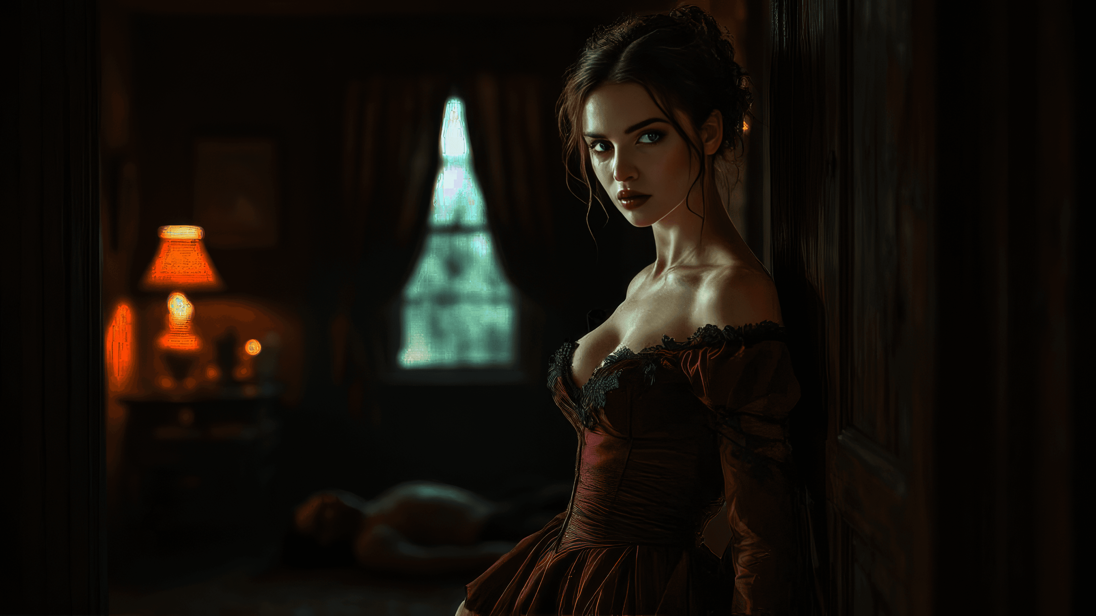 Kate Bender in a blood-red gown inside the Bender Inn